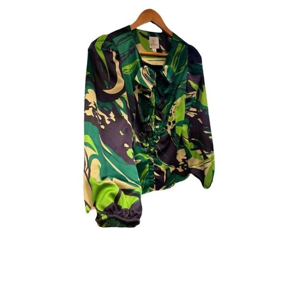 Sarah cambell abstract floral green and blue maximalist button up blouse sz XS - Picture 2 of 5